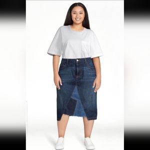 Patchwork Tri Denim Medium Wash Midi Skirt